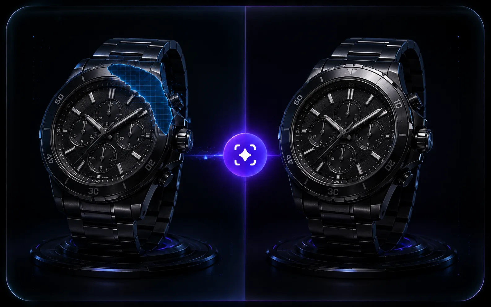 AI inpainting tool editing a watch product photo with a before and after comparison