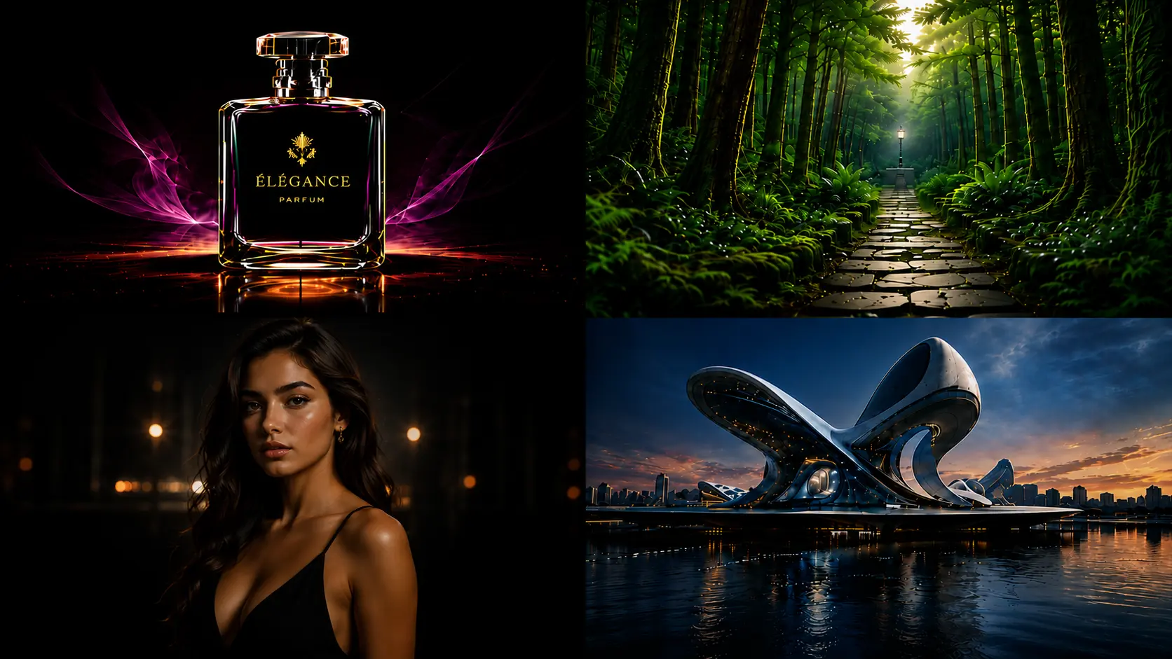AI image generator interface showing four generated results: a luxury perfume bottle, a misty forest path, a woman's portrait, and a futuristic waterfront building
