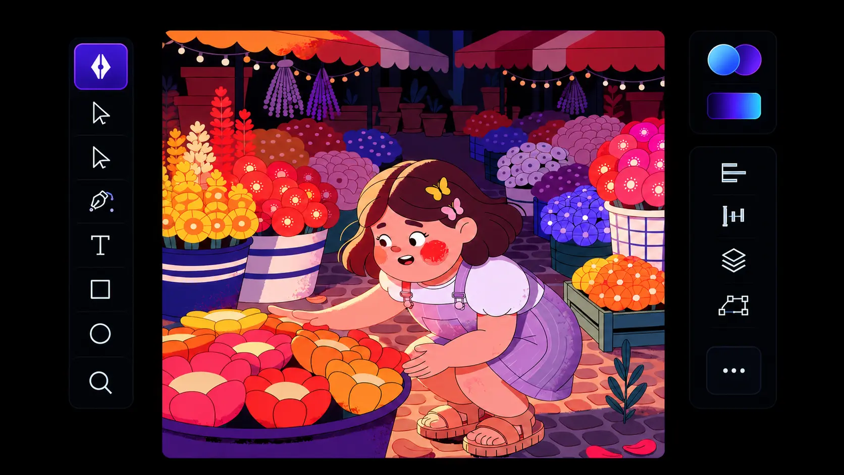 AI vector generator editing a colorful illustration of a girl at a night flower market, with pen, shape, and layer tools in the editor panels