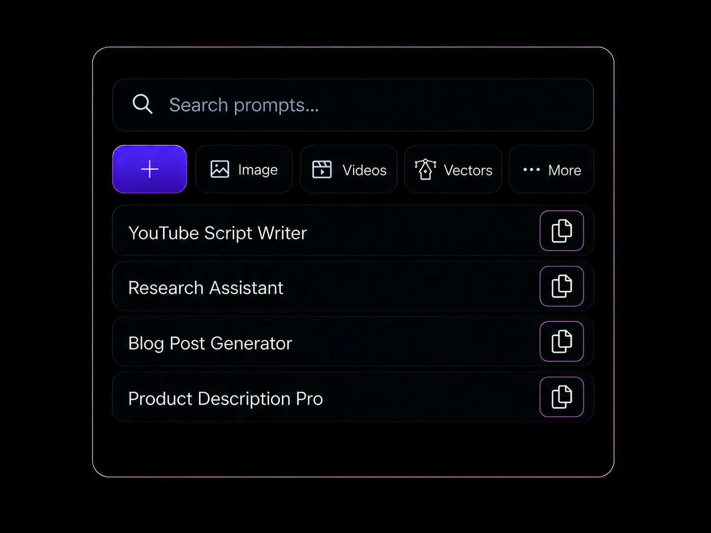 Prompt library interface with search, categories, and one click copy buttons